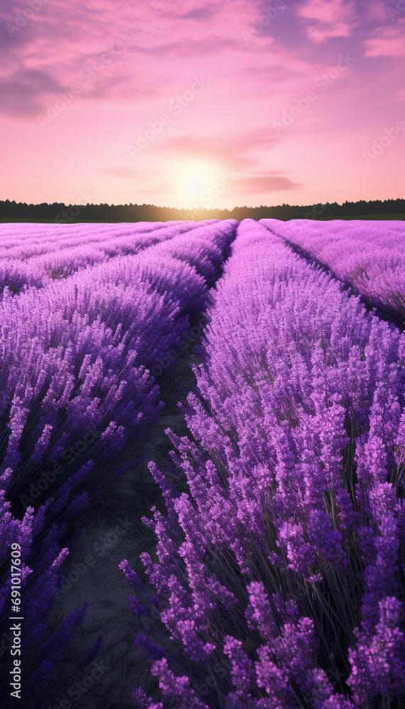 Lavender field in the golden sunlight of sunset or sunrise. Innovative AI.