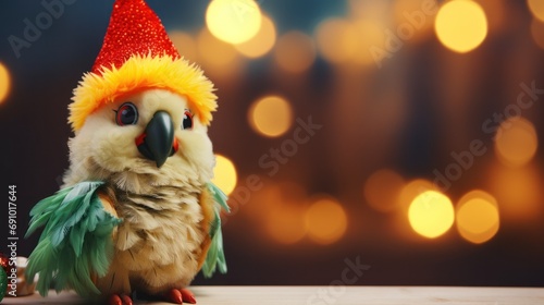 Cute parrot toy on Christmas background.