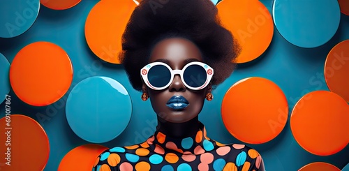 afro american woman wearing funky sunglasses infront of a colorful dotted background photo