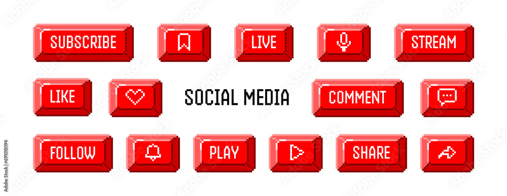 Pixel art buttons pack. 8 bit elements are suitable for social networks, podcasts and games. Vector illustration on a white background. Pixel art buttons pack. 8 bit elements are suitable for social networks, podcasts and games. Vector illustration on a white background.