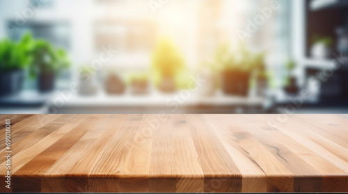 Beautiful Empty Wooden Table Top with Modern Bokeh Background - Elegant Interior Design Concept for Minimalist Home Space, Creating a Stylish and Serene Ambiance. © Sunanta