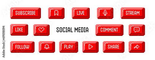 Pixel art buttons pack. 8 bit elements are suitable for social networks, podcasts and games. Vector illustration on a white background.