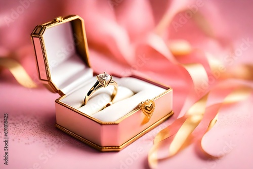 closeup, Box with golden engagement ring on pink background © Noor