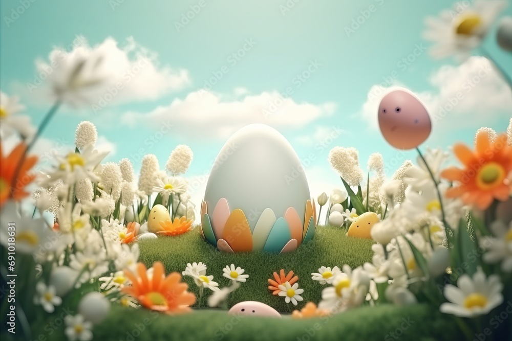 3D rendered image of a large Easter egg surrounded by a vibrant field of spring flowers under a clear blue sky