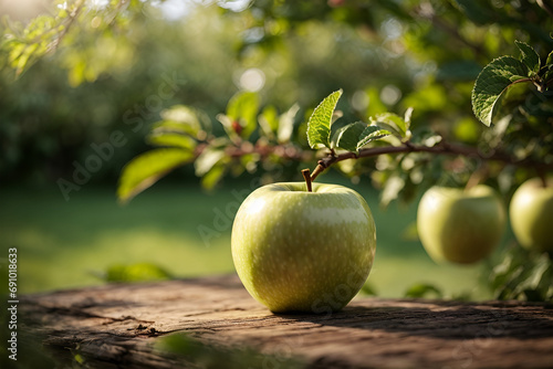  fresh apples. harvest of fresh green apples. apple orchard with beautiful sunlight.