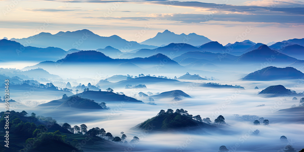 image of mountains and hills in the valley with soft mist