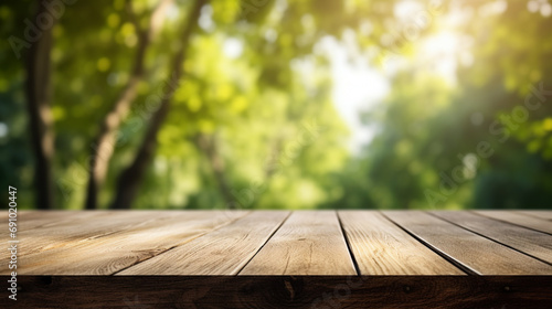 Wooden table surface background with green nature background behind. Innovative AI.