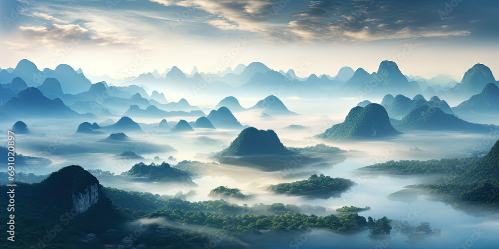 the mountains are shown in a blue sky and soft mist - obrazy, fototapety, plakaty 