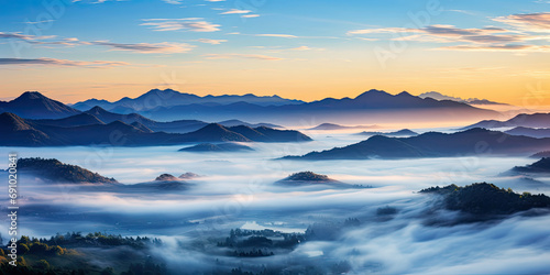 the mountains are shown in a blue sky and soft mist