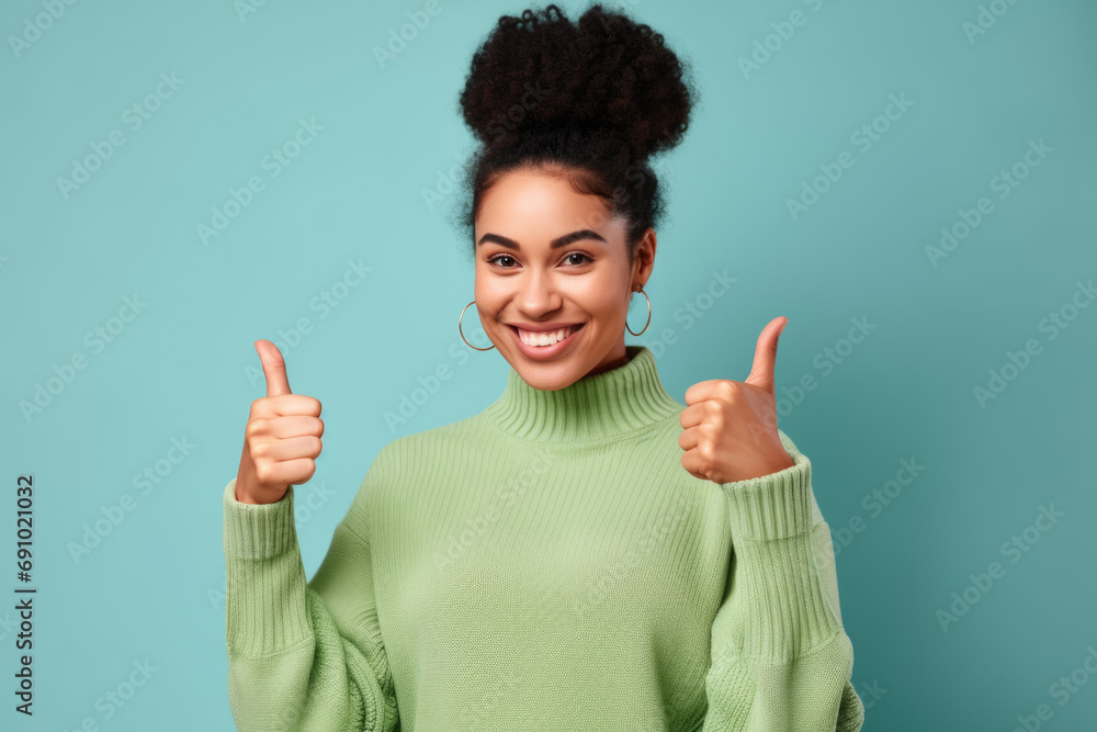 Smiling woman with thumbs up, positive vibe. Concept of approval and positivity. Smiling woman with thumbs up, positive vibe. Concept of approval and positivity.