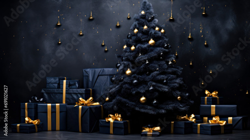 Dark Christmas Tree with Golden and Blue Presents on a Dark Background Wallpaper Greeting Card Cover Background Poster Digital Art Illustration