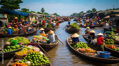 A bustling floating market in the Mekong Delta Vietnam with boats full of fresh produce.