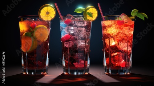Various delicious cocktails in bright colors.