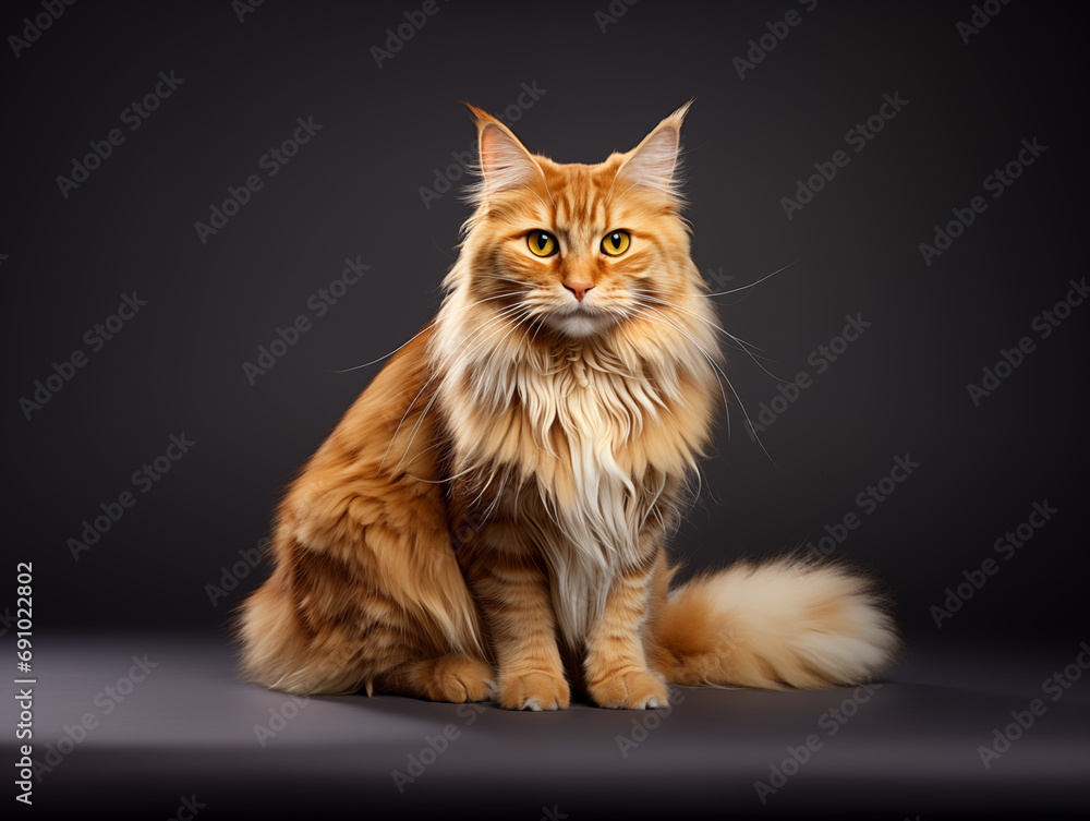 red long-haired cat sitting on a black background