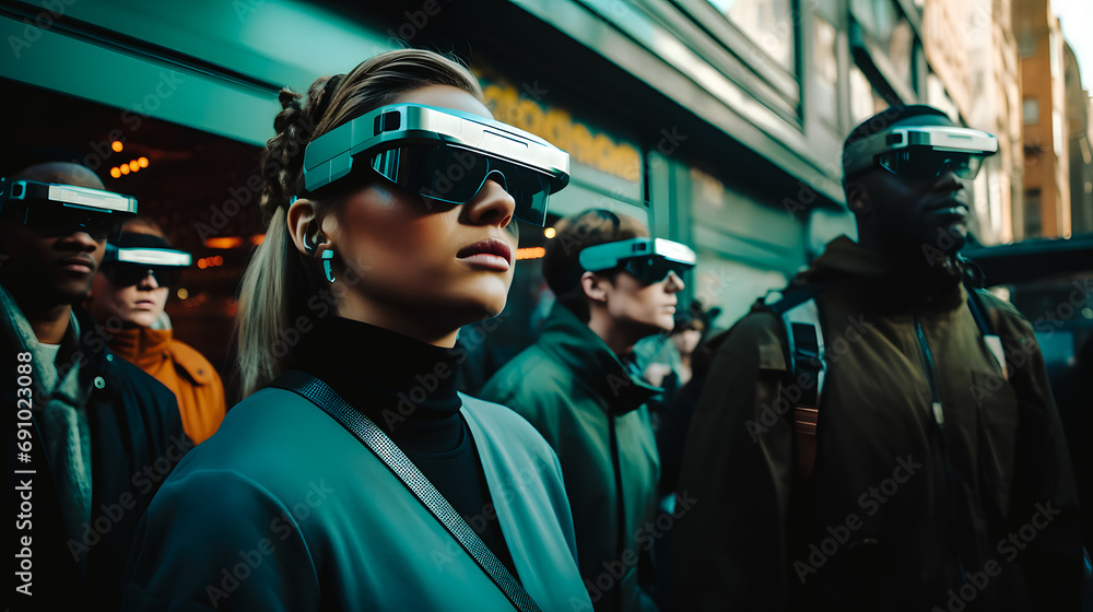 Femme portant un casque de réalité virtuelle dans la rue Femme portant un casque de réalité virtuelle dans la rue
