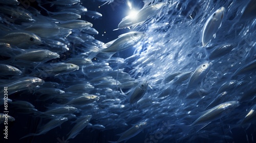  a shoal of silvery fish moving in perfect harmony, creating a fluid, choreographed dance in the deep blue sea. photo