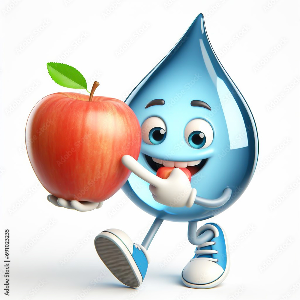 Water drop cartoon with an apple as a sign of the importance of water and food. World Water Day. AI generated Water drop cartoon with an apple as a sign of the importance of water and food. World Water Day. AI generated