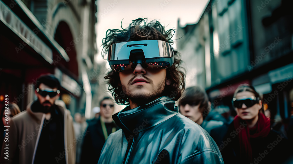 Homme portant un casque de réalité virtuelle dans la rue Homme portant un casque de réalité virtuelle dans la rue