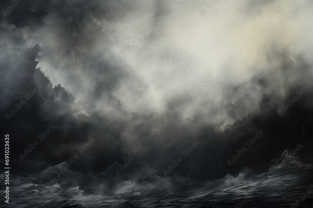 Moody, hyper-realistic ocean scene with churning waves, dark clouds, and jagged rocks. Eerie light and impending doom create an apocalyptic atmosphere