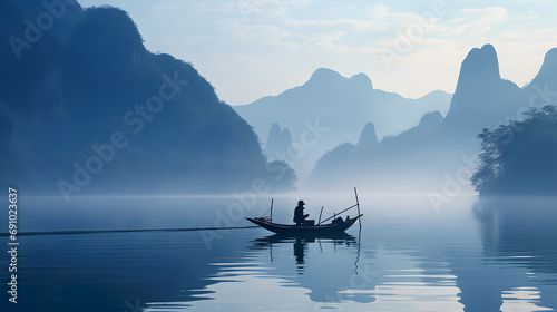 An early morning fisherman on a tranquil lake in China with misty mountains in the background. photo