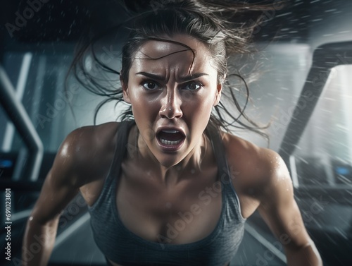 Fit woman with determined expression running on treadmill. Hyper-realistic image capturing sweat glistening on forehead. Symbolizes motivation, strength, and endurance in fitness journey