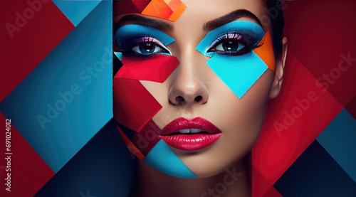 Vibrant, contemporary digital art of a beautiful girl with bold makeup. Geometric shapes and colorful blocks create an eye-catching, abstract composition