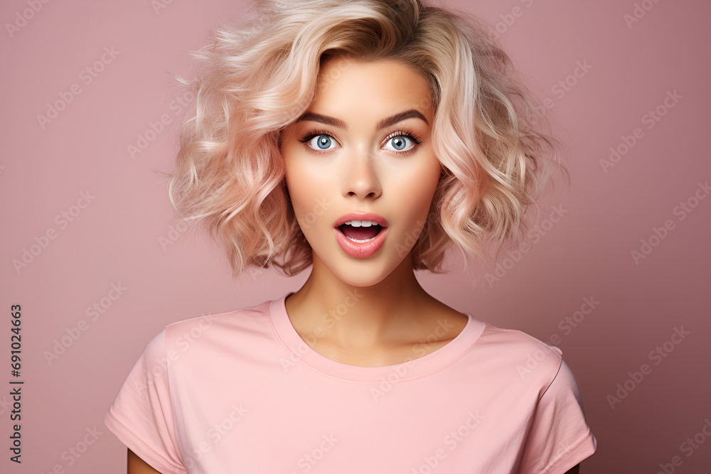 Portrait of impressed speechless young girl open mouth staring cant believe isolated on pink background - obrazy, fototapety, plakaty 