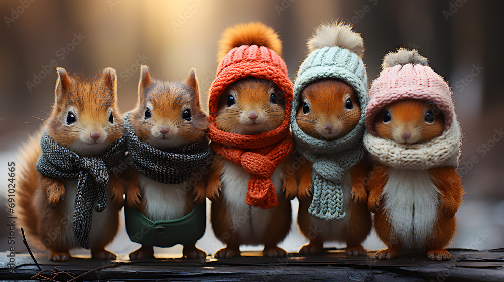 Obraz premium Group of squirrels dressed in colorful winter hats and scarves.