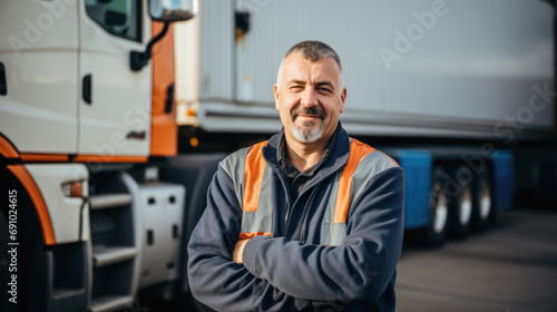 Smiling truck driver with container trailer in the background. Trucker.