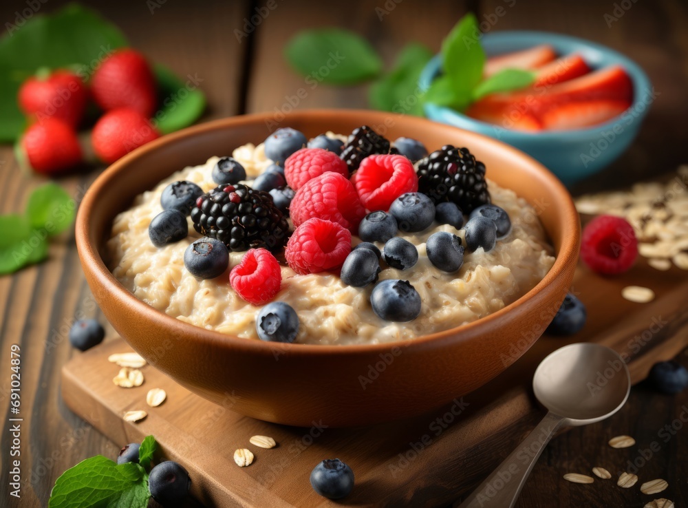 A bowl of oatmeal with fresh berries on a wooden table. Spoon and bowl of strawberries in the background. Healthy breakfast. A bowl of oatmeal with fresh berries on a wooden table. Spoon and bowl of strawberries in the background. Healthy breakfast.