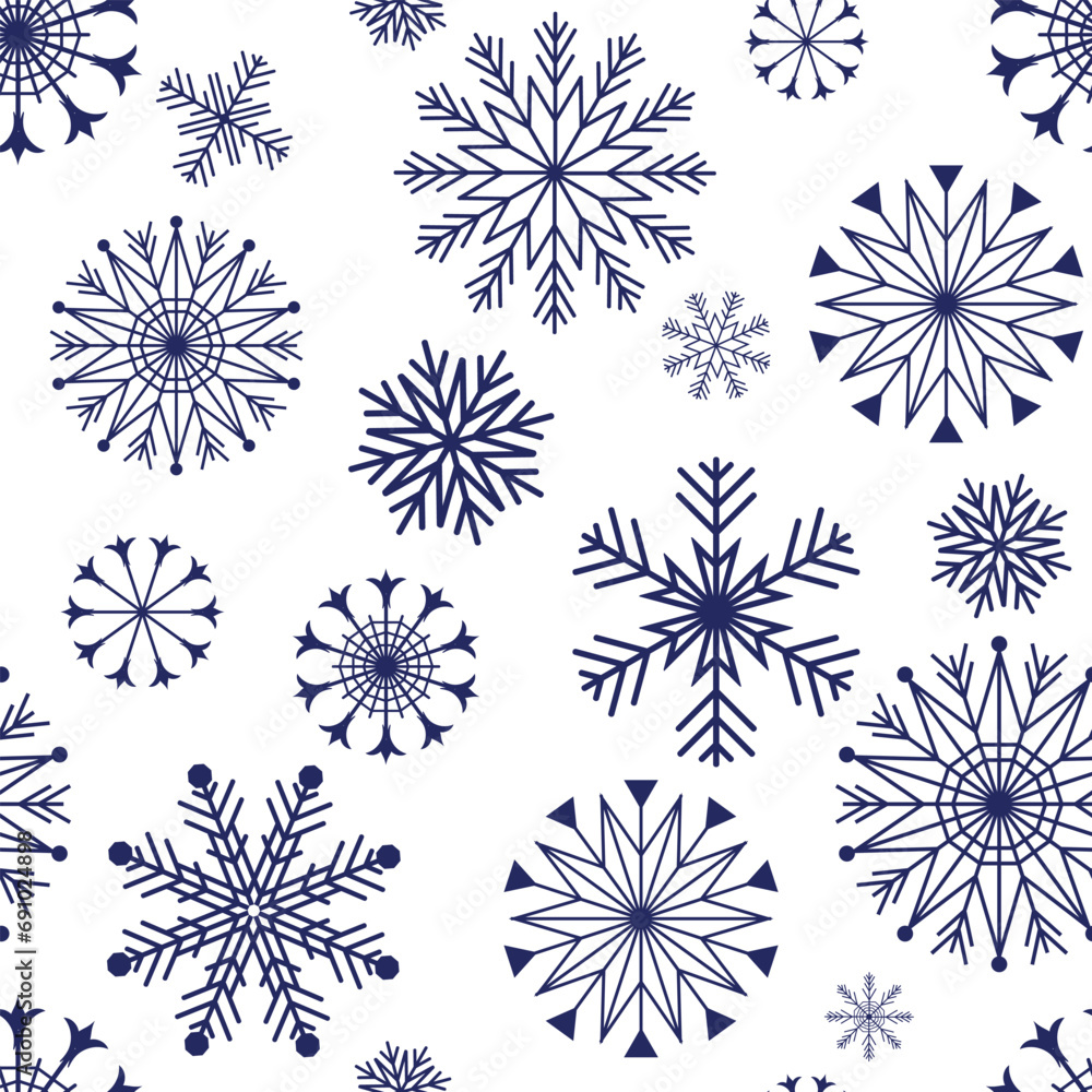 Obraz premium Vector hand drawn Christmas monochrome seamless pattern with dark blue snowflakes and stars on transparent background