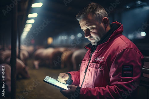 Farmer with a tablet in his hands is checking the health of the pigs and taking notes at pig farm photo