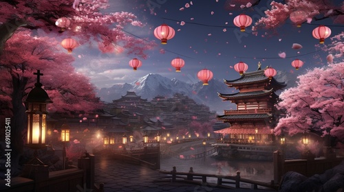 a cherry blossom festival, with lanterns illuminating the delicate pink blooms under the night sky. photo