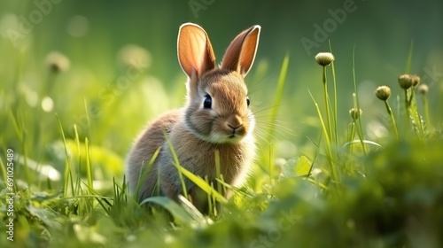 Wild Rabbit in Green Grass Field