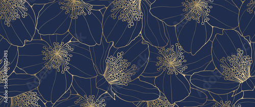 Dark blue luxury vector floral background with golden flower outlines. Floral background, poster, banner, botanical card, cover, print.