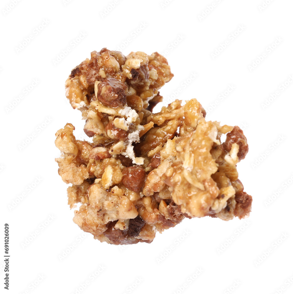 One piece of tasty granola bar isolated on white One piece of tasty granola bar isolated on white