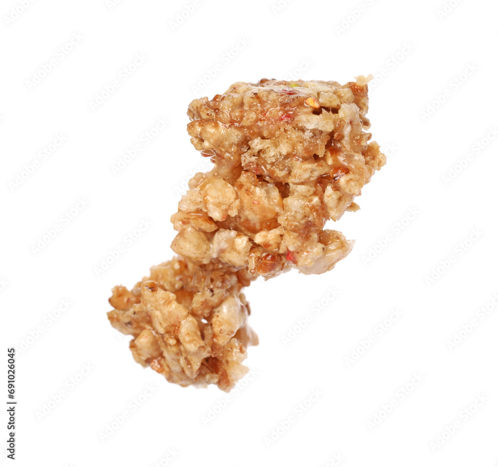 One piece of tasty granola bar isolated on white One piece of tasty granola bar isolated on white