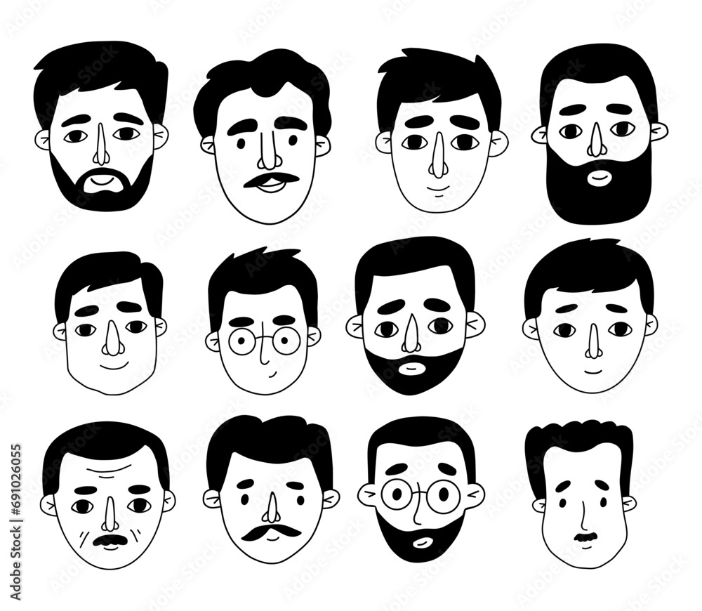 Men portraits Male doodles set Isolated vector Collection hand drawn drawings of men heads Men portraits Male doodles set Isolated vector Collection hand drawn drawings of men heads