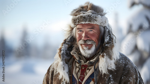 A traditional Sami reindeer herder in the snowy landscapes of Lapland Finland. photo