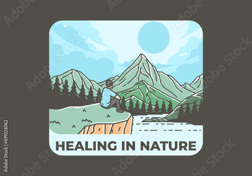 Wallpaper Mural Outdoor illustration of a man sits on a cliff with views of lakes, forests and mountains Torontodigital.ca