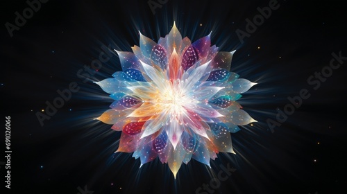 the captivating beauty of multicolored stars radiating from a central point, illuminating a serene white expanse like a cosmic flower in bloom.