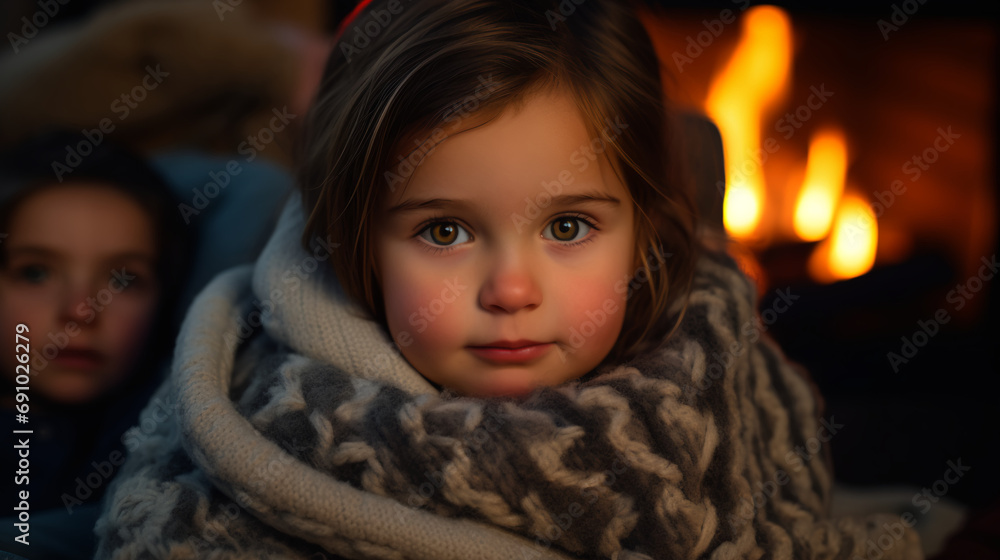 a family gathered around a cozy fireplace, a child wrapped in a warm blanket, listening to a captivating story. a family gathered around a cozy fireplace, a child wrapped in a warm blanket, listening to a captivating story.