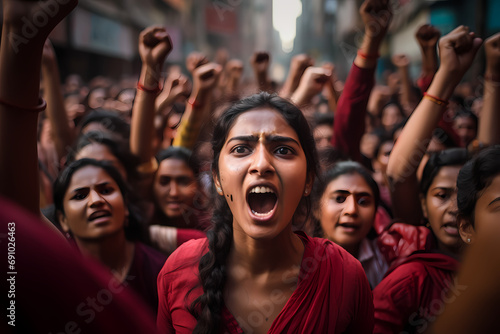 Indian women protesting and screaming, fight and campaign to achieve a goal. Generative Ai. photo