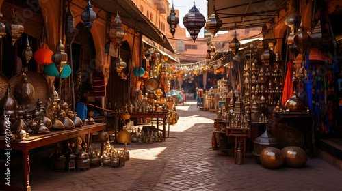 Bustling and colorful streets of Marrakech Morocco with markets lanterns and spices. photo
