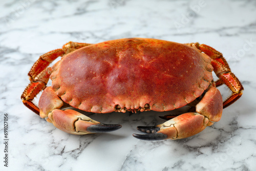 Delicious boiled crab on white marble table, closeup