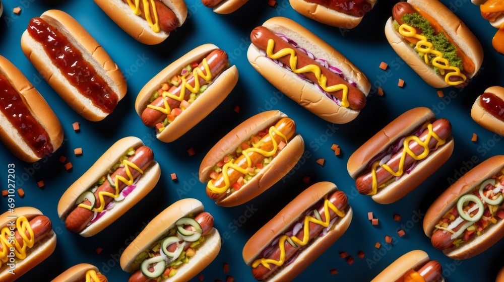 Hot dogs pattern. Hotdogs isolated on dark blue background.  Street food, snack, sausage, mustard, ketchup.