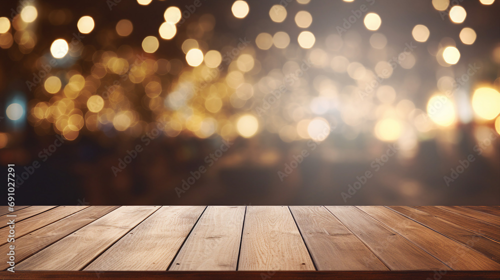 Elegant Festive Atmosphere: Empty Wooden Table Top with Glowing Lights and Bokeh - Perfect Christmas Celebration Background for Warm and Cozy Holiday Season. Elegant Festive Atmosphere: Empty Wooden Table Top with Glowing Lights and Bokeh - Perfect Christmas Celebration Background for Warm and Cozy Holiday Season.