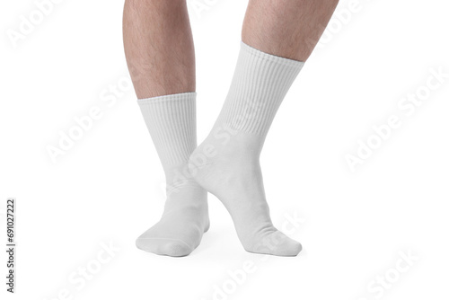 Man in stylish socks on white background, closeup