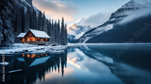 Stunning blue hour shot of a boat house on a crystal clear winter morning at Lake Louise, Alberta, Canada