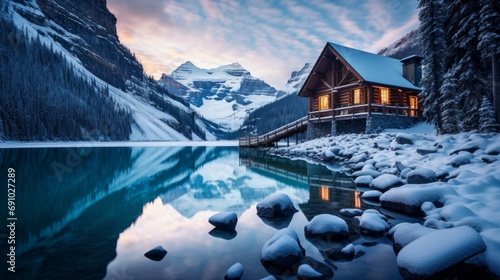 Print op canvas Stunning blue hour shot of a boat house on a crystal clear winter morning at Lak